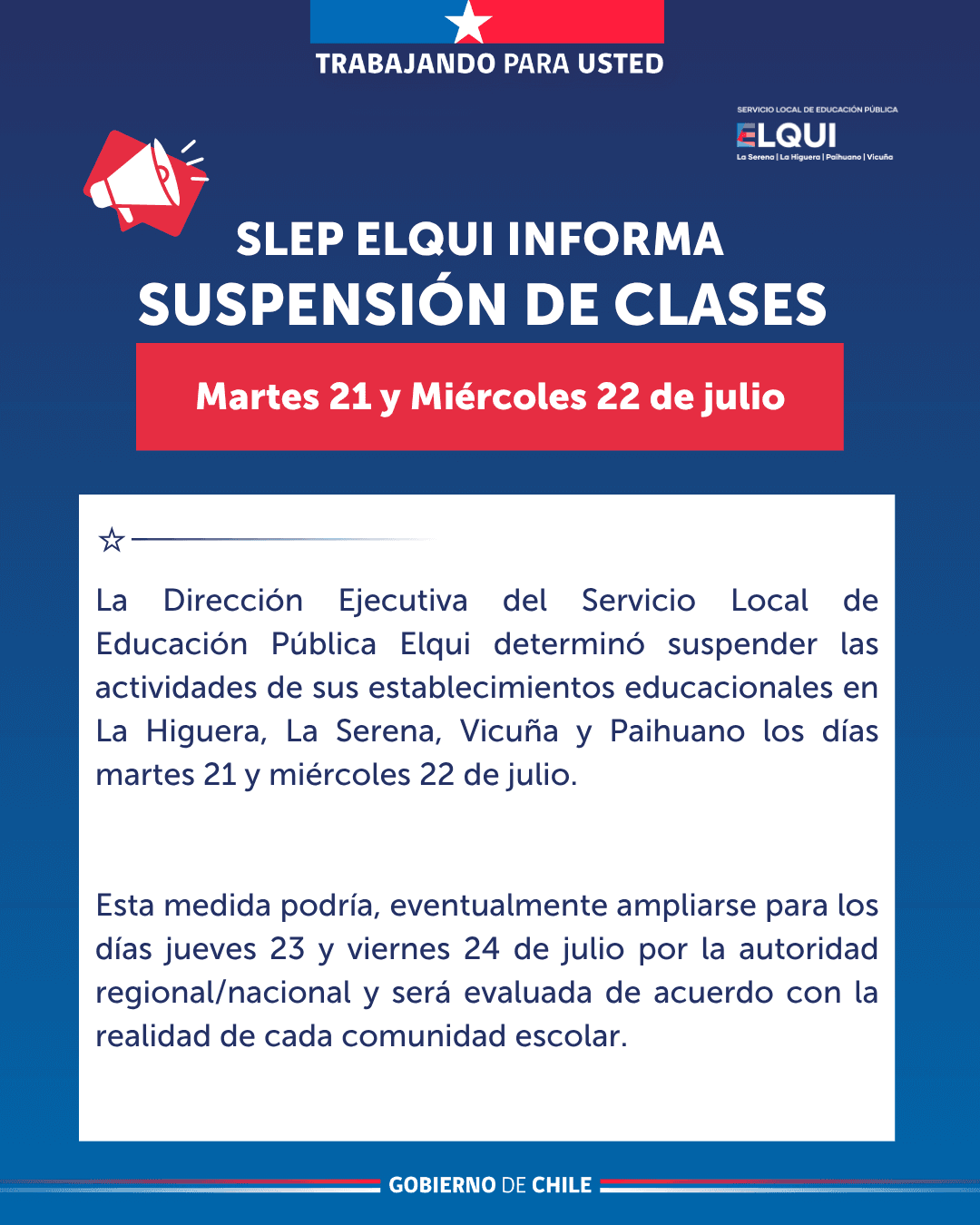 SLEP Elqui suspende clases en cuatro comunas por sistema frontal
